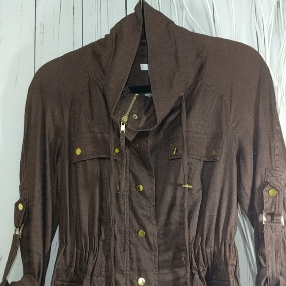 Cache Brown Linen Lightweight Fall Jacket Gold Accents XS Quiet Luxury Rich NWT - Picture 4 of 16